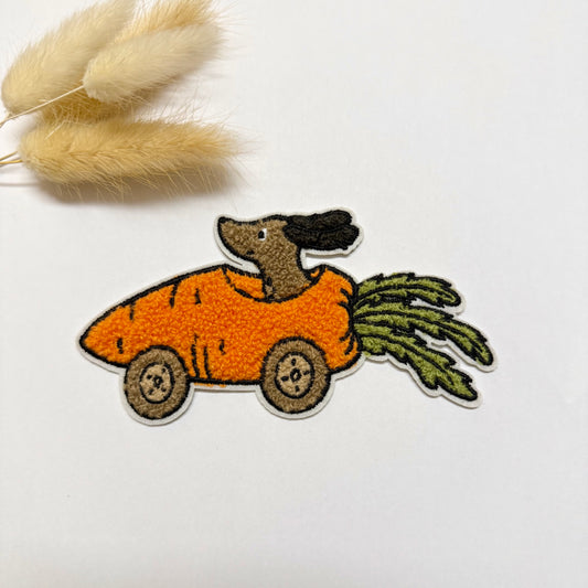 Chenille Patch: Dackel-Karotten-Express | 6,5x13cm