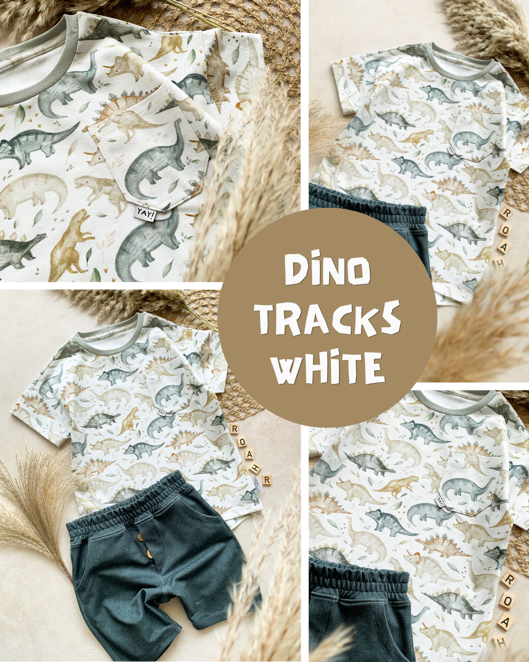 0.5m BIO French Terry Dino Tracks white *VORBESTELLUNG*