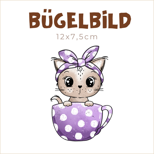 Bügelbild Tassen-Kitty lila | 12x7,5cm