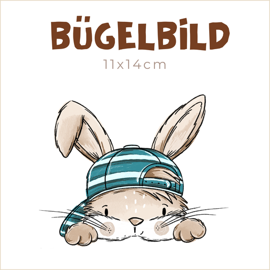 Bügelbild Hasen-Scratch: Hase mit Mütze blau-gestreift | 11x14cm