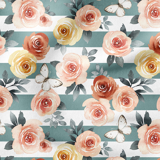 0.5m BIO French Terry Rose Garden teal stripes