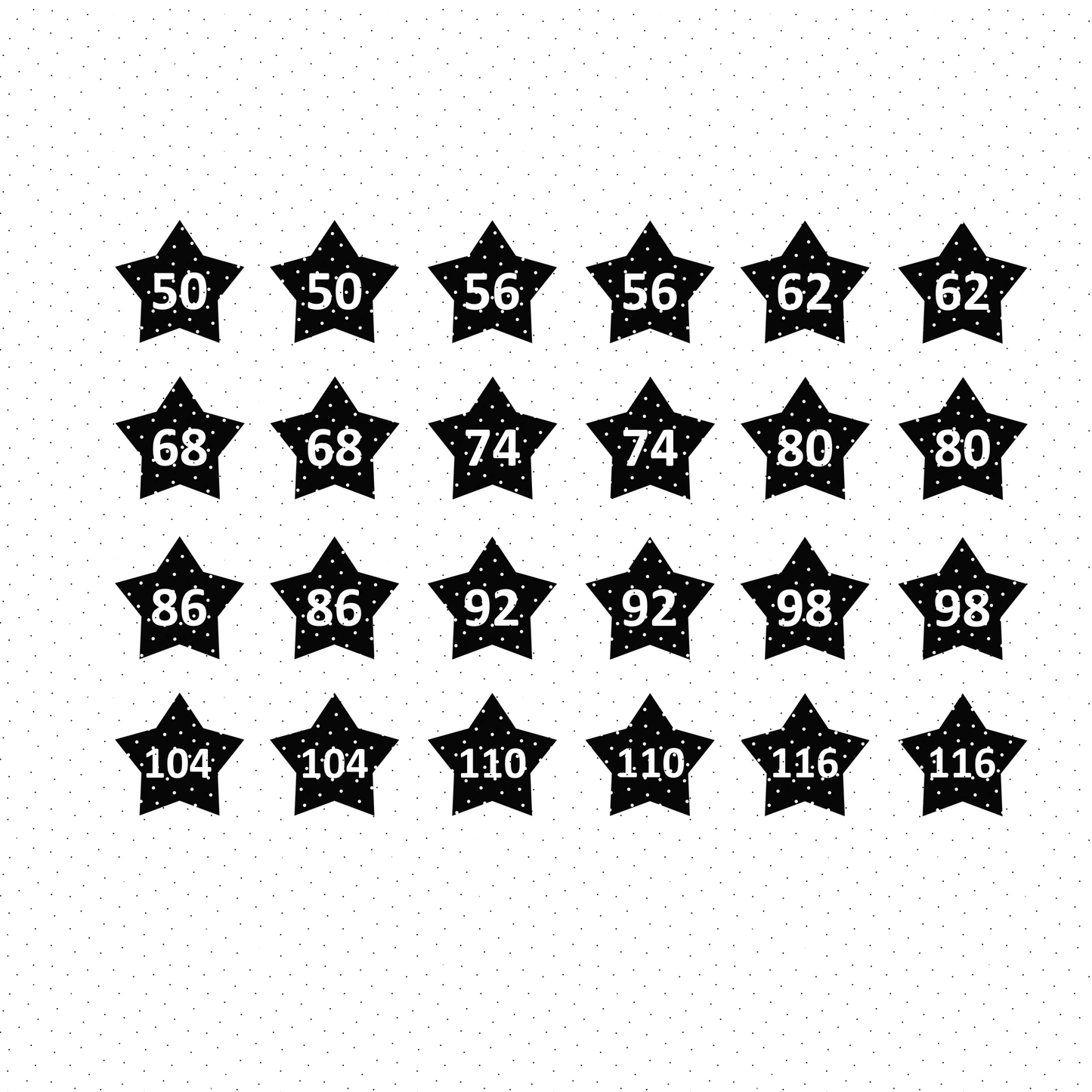 Plotter-Datei Größenlabels Sterne 50-116 (FREEBOOK)